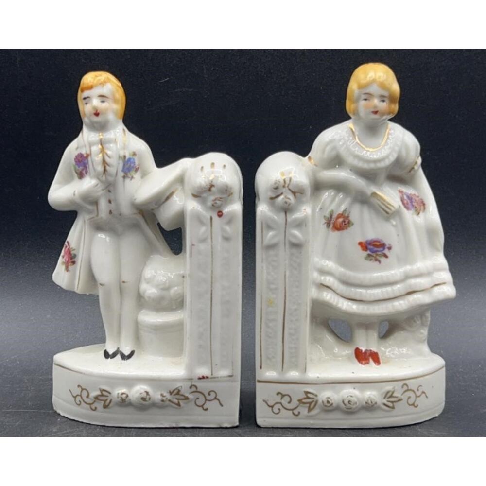VTG Japanese Porcelain Colonial Man & Woman Bookends Hand-painted w/ 22K Gold